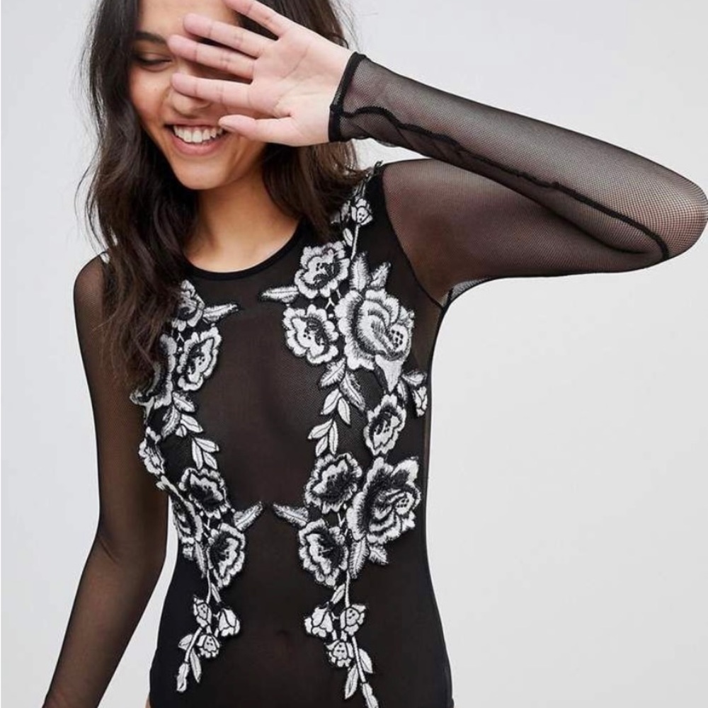 ASOS x Ann Summers Black Rose Embroidered Long Sleeve Mesh Bodysuit